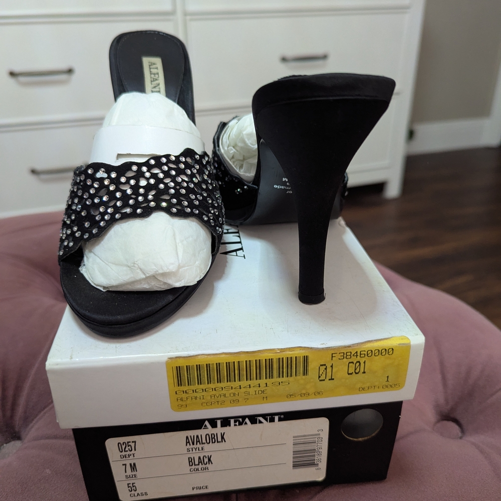 Slides/Sandals Alfani Women's Black with Rhinestones, Size 7, 4" Heel